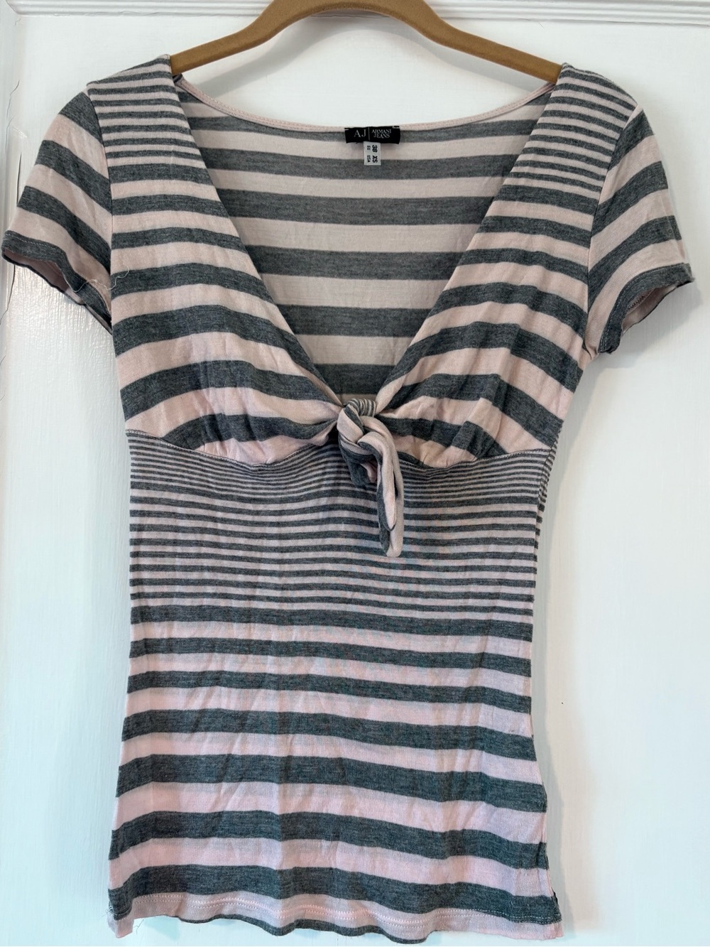 Armani Jeans Vintage Pink and Gray Striped Tie-Front Women's Top , XS